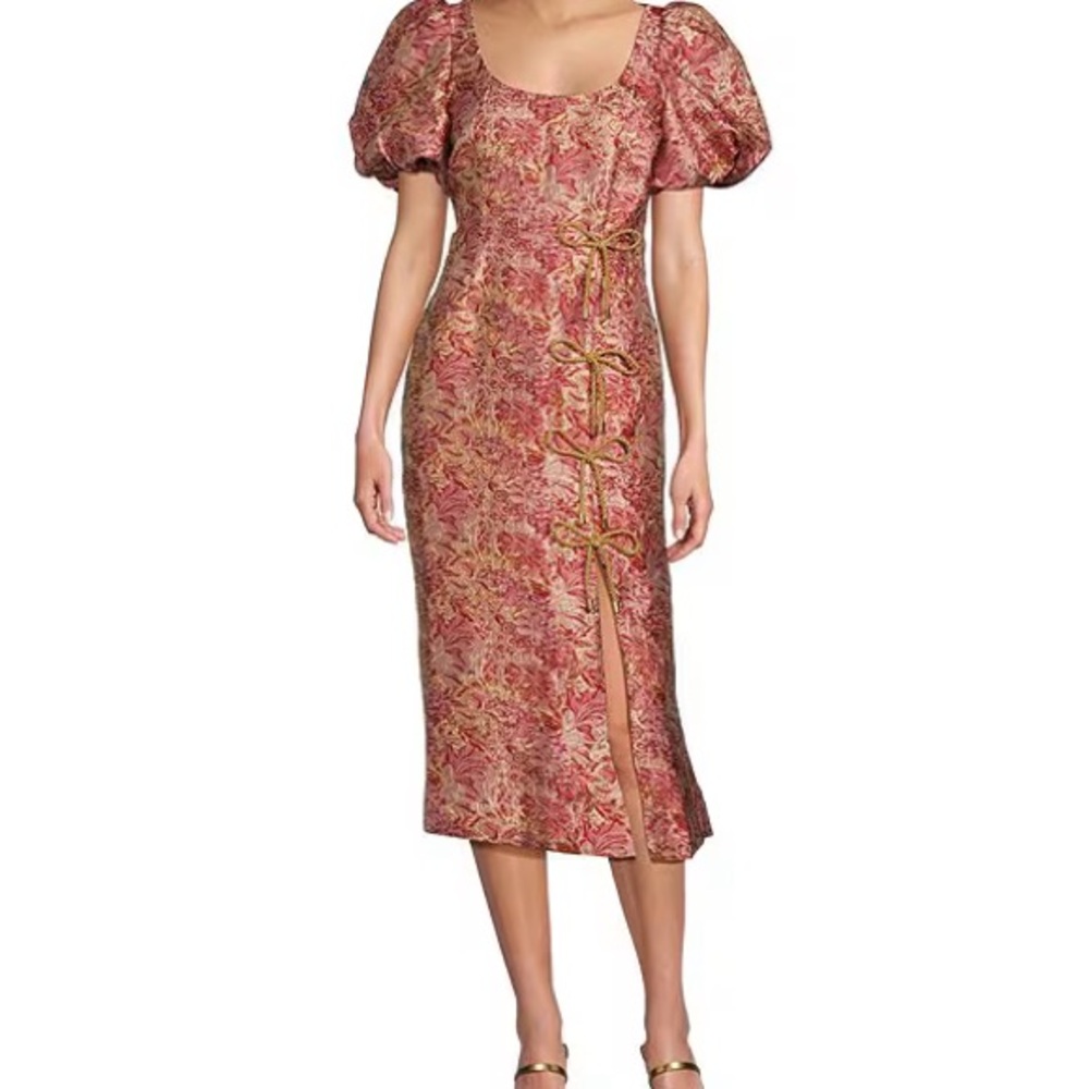 Elegant Pink Floral Midi Dress with Puff Sleeves